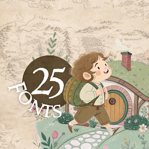 May include: Illustration of a cartoon character with a backpack walking towards a hobbit hole. The image has a map background and a brown circle with the text "25 FONTS". The character is wearing brown shorts and a white shirt.