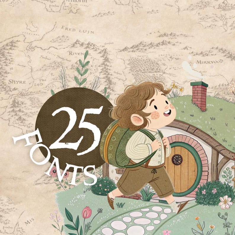 May include: Illustration of a cartoon character with a backpack walking towards a hobbit hole. The image has a map background and a brown circle with the text "25 FONTS". The character is wearing brown shorts and a white shirt.