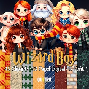以下が含まれることがあります： 魔法の世界の漫画のキャラクターのデジタルイラスト。学校の制服とスカーフを着ています。画像には「Wizard Boy」というテキストと、クリップアート、デジタルペーパー、フォントに関する詳細が含まれています。