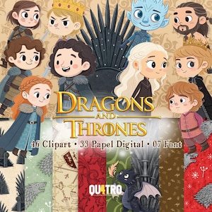 Drakar och troner sött, digitalt kit, megapaket, GOT Clipart-inspiration, omedelbar nedladdning i PNG-fil - 100 dpi