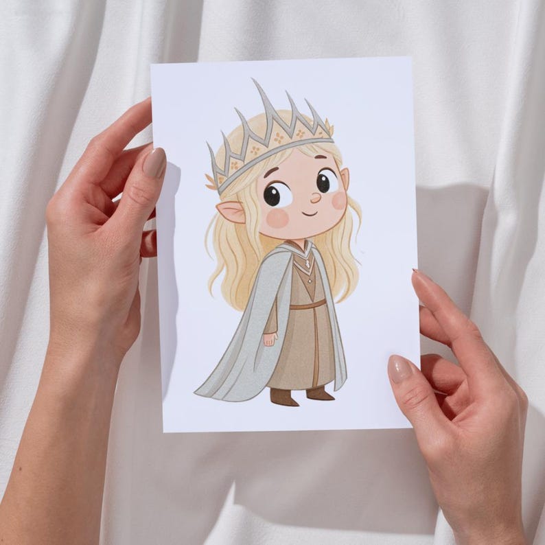 May include: A print featuring a cartoon illustration of a child with blonde hair, wearing a crown, cape, and dress. The illustration has a soft color palette of beige, brown, and light gray. The child has large eyes and a gentle smile.