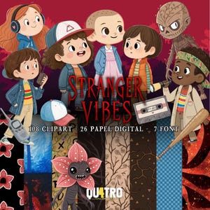 Puede incluir: Un conjunto de ilustraciones digitales con personajes de dibujos animados de Stranger Things, incluyendo niños, un monstruo y un casete. El texto dice Stranger Vibes, 108 Clipart, 26 Papel Digital, 7 Font y Qu4tro. Incluye varios fondos con patrones.