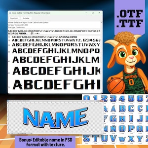 以下が含まれることがあります： バスケットボールをテーマにしたフォントのデジタルグラフィックデザイン。バスケットボールを持った漫画のヤギのマスコットがいます。フォントには大文字、数字、サンプル「NAME」デザインが含まれています。