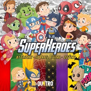 Könnte beinhalten: Eine digitale Sammlung von Superhelden-Grafiken mit Chibi-Illustrationen verschiedener Comicfiguren, darunter Iron Man, Hulk, Batman und Wonder Woman, mit dem Text SUPERHEROES, 87 Clipart, 59 Papel Digital, 22 Font.