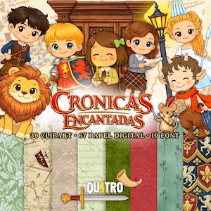 Può includere: Una collezione di arte digitale con personaggi dei cartoni animati, tra cui un leone, un cavaliere e un fauno, con il testo "CRONICAS ENCANTADAS". L'immagine include vari sfondi a motivi e il testo "39 CLIPART • 67 PAPEL DIGITAL • 10 FONT".