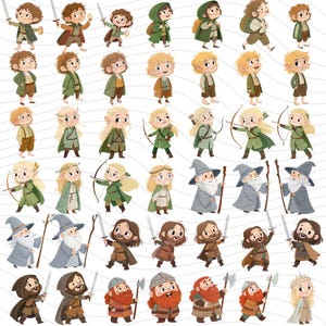 May include: A collection of cartoon illustrations featuring characters from a fantasy world. The characters include hobbits, elves, wizards, and dwarves, each with unique outfits and accessories like swords, bows, and staffs. The color palette is soft and inviting.