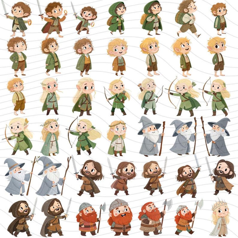 May include: A collection of cartoon illustrations featuring characters from a fantasy world. The characters include hobbits, elves, wizards, and dwarves, each with unique outfits and accessories like swords, bows, and staffs. The color palette is soft and inviting.