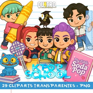 以下が含まれることがあります： K-POPの学校をテーマにしたクリップアートのカラフルなイラスト。画像には、漫画のキャラクター、青い猫、「My Little Soda Pop」というタイトルの本、大きな黄色のクレヨンが含まれています。テキストには「K Pop School」と「29 Cliparts Transparentes + PNG」が含まれています。