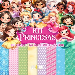 Pode incluir: Um kit de arte digital com ilustrações de princesas. A imagem inclui o texto "KIT PRINCESAS" e os detalhes: "100 clipart - 128 papel digital - 25 font". O fundo apresenta papéis digitais estampados em várias cores.