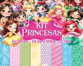 May include: A digital art kit featuring illustrations of various princesses. The image includes the text "KIT PRINCESAS" along with the details: "100 clipart - 128 papel digital - 25 font". The background showcases patterned digital papers in various colors.