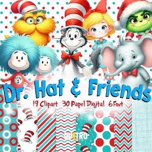 Pode incluir: Uma coleção de arte digital com personagens das histórias do Dr. Seuss. A imagem inclui ilustrações do Gato na Cartola, o Grinch e outros personagens. O título "Dr. Hat & Friends" é exibido em azul, junto com o texto "19 Clipart 30 Papel Digital 6 Font."