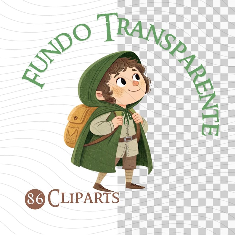 May include: Illustration of a cartoon character wearing a green hooded cloak and carrying a tan backpack. The character is smiling and walking forward. The text "Fundo Transparente" and "86 Cliparts" are also in the image.