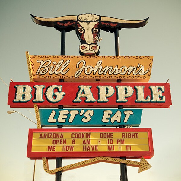Old Road sign photography, Route 66 art print, large art print, neon American signs photo - Bill Johnson's Big Apple