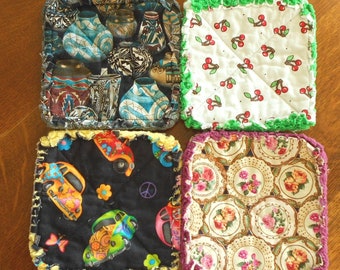 Pair of Handmade Rag Quilted Fabric Pot Holders:  Southwestern, Cherries, Love Bug, Roses, Floral