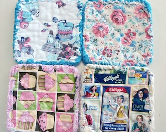 Pair of Handmade Rag Quilted Fabric Pot Holders:  Vintage Kitchen, Cupcakes, Floral Prints