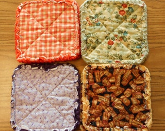 Pair of Handmade Rag Quilted Fabric Pot Holders:  Flowers, Corks, Checks, Calico