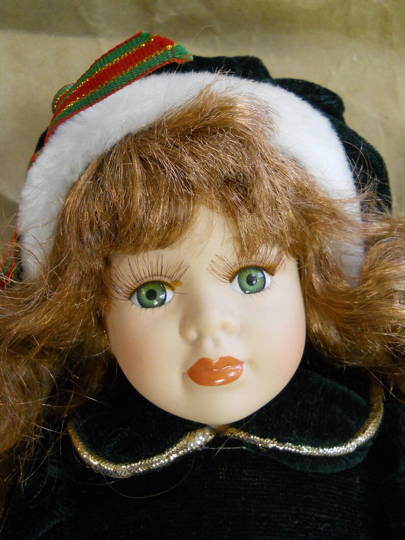 Porcelain Christmas Doll, Green Eyes, Green Holiday Dress Etsy