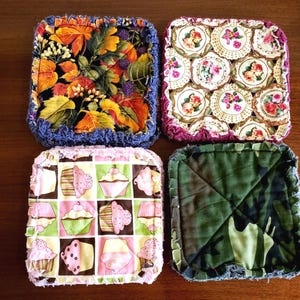 Pair of Handmade Rag Quilted Fabric Pot Holders:  Autumn Leaves, Roses, Cupcakes, Camo