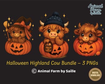 Paquete PNG de vaca de las Tierras Altas de Halloween: Clipart de calabaza espeluznante (Descarga digital)