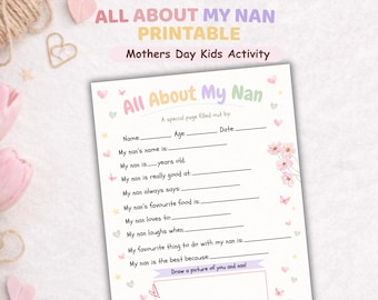 All About My Nan Printable | Grandparent Gift from Kids | Mother’s Day Nan Gift | Fill In The Blank Grandma Worksheet | DIY Kids Keepsake