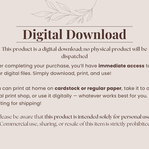 May include: A beige digital download announcement with the text "Digital Download" and information about the product. The text explains the product is a digital download, and can be printed at home or a local print shop.