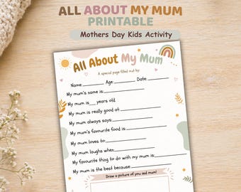 All About My Mum Printable | Mother’s Day Questionnaire Kids | Fill In The Blank Mum Gift | DIY Kids Craft | Boho Rainbow Mum Worksheet
