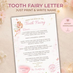 Puede incluir: Una carta rosa y blanca del Hada de los Dientes con el texto "TOOTH FAIRY LETTER" y "JUST PRINT & WRITE NAME". La carta presenta una ilustración de hada y las palabras "FROM THE DESK OF THE Tooth Fairy". Es visible un botón rosa en forma de corazón "INSTANT DOWNLOAD".