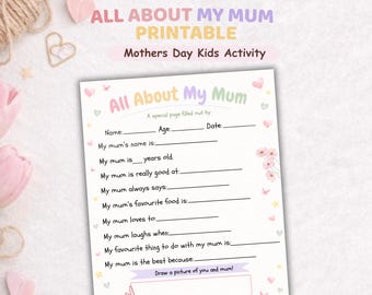 All About My Mum Printable | Mother’s Day Kids Activity | Mothers Day Questionnaire | Printable Mothers Day Gift | Kids Keepsake