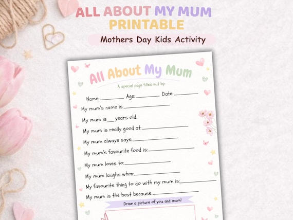 All About My Mum Printable | Mother’s Day Kids Activity | Mothers Day Questionnaire | Printable Mothers Day Gift | Kids Keepsake