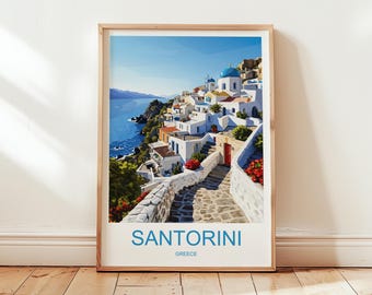 Affiche de voyage de Santorin - impression de la ville vintage, art mural imprimable, illustration de la carte de la Grèce, téléchargement numérique
