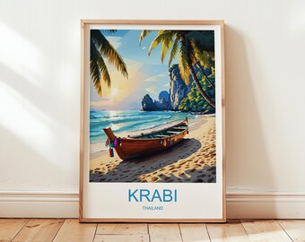 Poster de voyage de Krabi - impression de ville vintage, art mural imprimable, illustration de carte de Thaïlande, téléchargement numérique