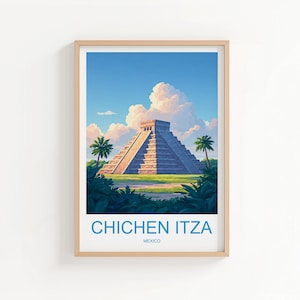Könnte beinhalten: Gerahmter Kunstdruck mit einer stilisierten Illustration von Chichen Itza, einer Maya-Pyramide in Mexiko. Das Kunstwerk zeigt die Pyramide unter blauem Himmel mit Wolken und Palmen. Der Text "CHICHEN ITZA MEXICO" befindet sich unten.