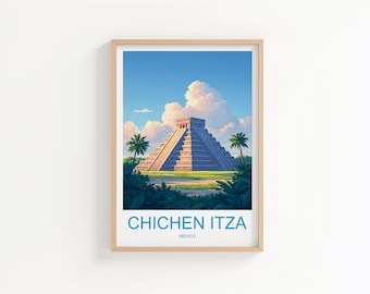 May include: Framed art print featuring a stylized illustration of Chichen Itza, a Mayan pyramid in Mexico. The artwork depicts the pyramid under a blue sky with fluffy clouds and palm trees. The text "CHICHEN ITZA MEXICO" is at the bottom.