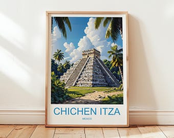 Chichen Itza Vintage Travel Poster: Mexico Mayan Pyramid Print (Digital Download)