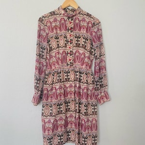 Vintage 60s 70s psychedelic mod paisley long sleeve dress purple pink beige XS-S