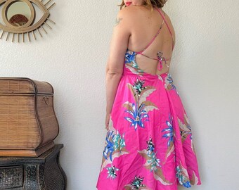 Vintage 70s backless strappy pink floral fit and flare groovy retro sun dress Jodi Schwartz Sz S