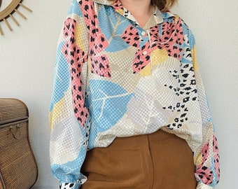 Blusa blob a macchie di animali jacquard a scacchi jacquard a stampa mista vintage anni '80 14 XL