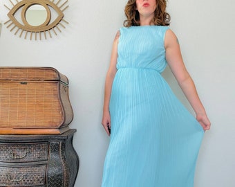 Vintage 60s Miss Elliette California Sheer Pleated Chiffon Aqua Green Blue Sleeveless Gown XS