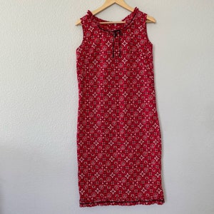 Vintage 60s 70s red bandana print sleeveless shift dress western boho sz S-M