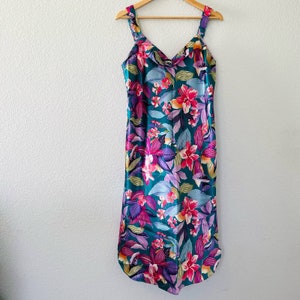 Vintage bias cut tropical vivid floral slip dress nightgown California Dynasty Sz M