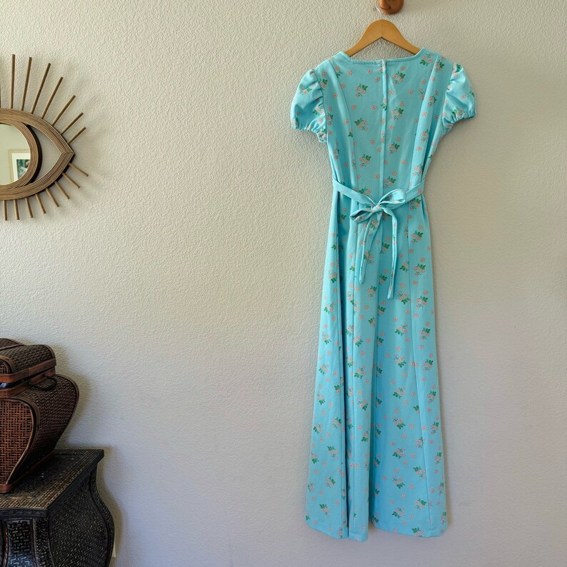 VINTAGE 60s 70s WHITE BLUE GREEN DAISY POPPY FLORAL BOHO PRAIRIE MAXI DRESS 8 main image 1