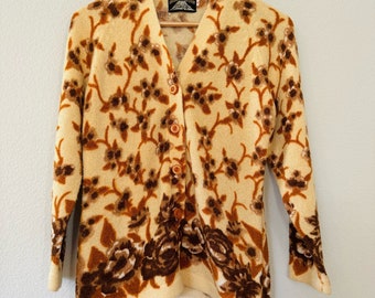 Vintage 70er Jahre retro groovy braun creme floral V-Ausschnitt Cardigan Sz S-M