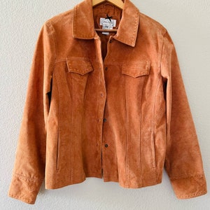 Vintage 90s y2k genuine suede leather snap button front jacket peach orange L-XL