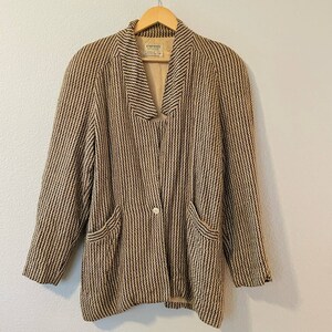 blazer ample en tweedy marron crème en soie vintage des années 80 Elements par Kris Tulin Sz M-L