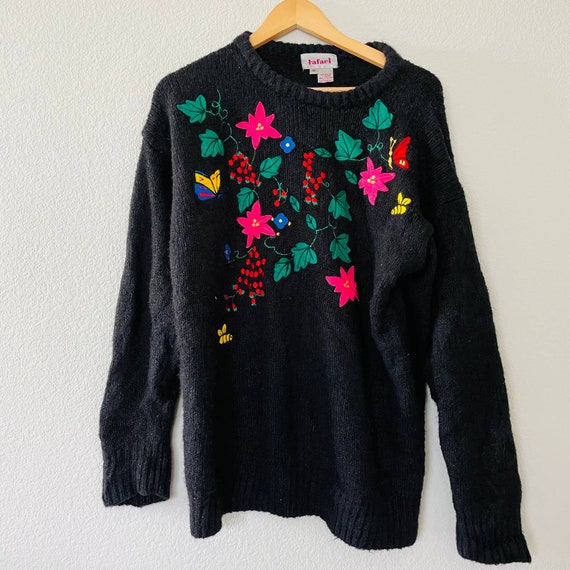 Vintage Flower Butterfly Black Novelty Sweater Ov… - image 2