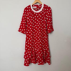 Vintage 80s drop waist dress red white polka dot ruffle hem Ms. Chaus sz L