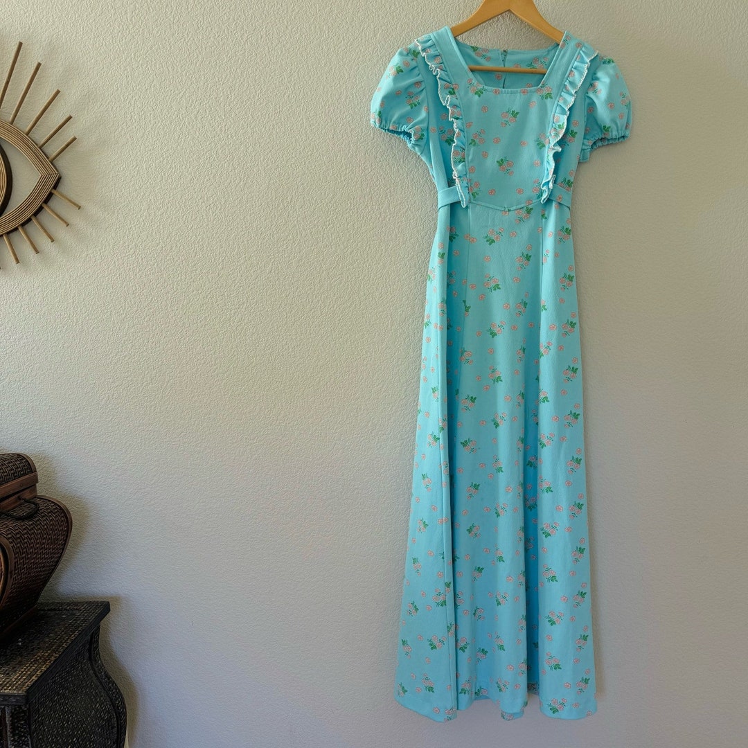 VINTAGE 60s 70s WHITE BLUE GREEN DAISY POPPY FLORAL BOHO PRAIRIE MAXI DRESS 8 main image 0