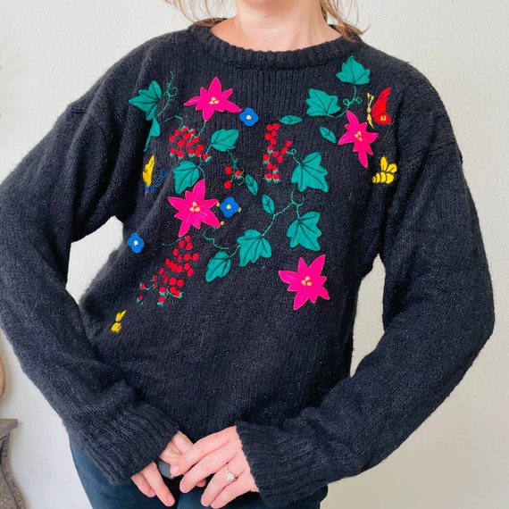 Vintage Flower Butterfly Black Novelty Sweater Ov… - image 1