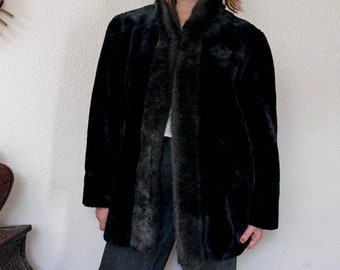 Vintage 80s black brown faux fur coat long jacket by Mariel sz L