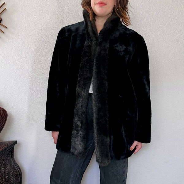 Vintage 80s black brown faux fur coat long jacket by Mariel sz L